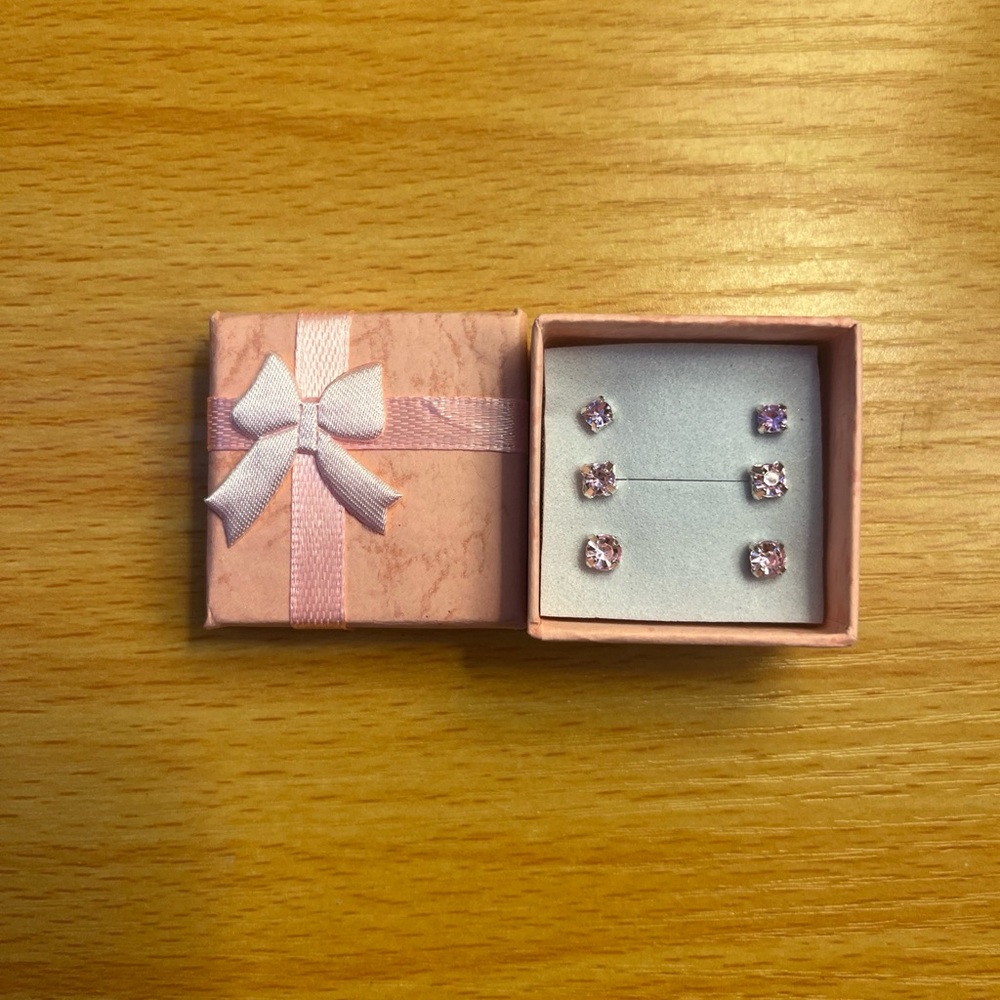 Elegant Stainless Steal Pink Cubic Zirconia Stud Earrings Set of 3